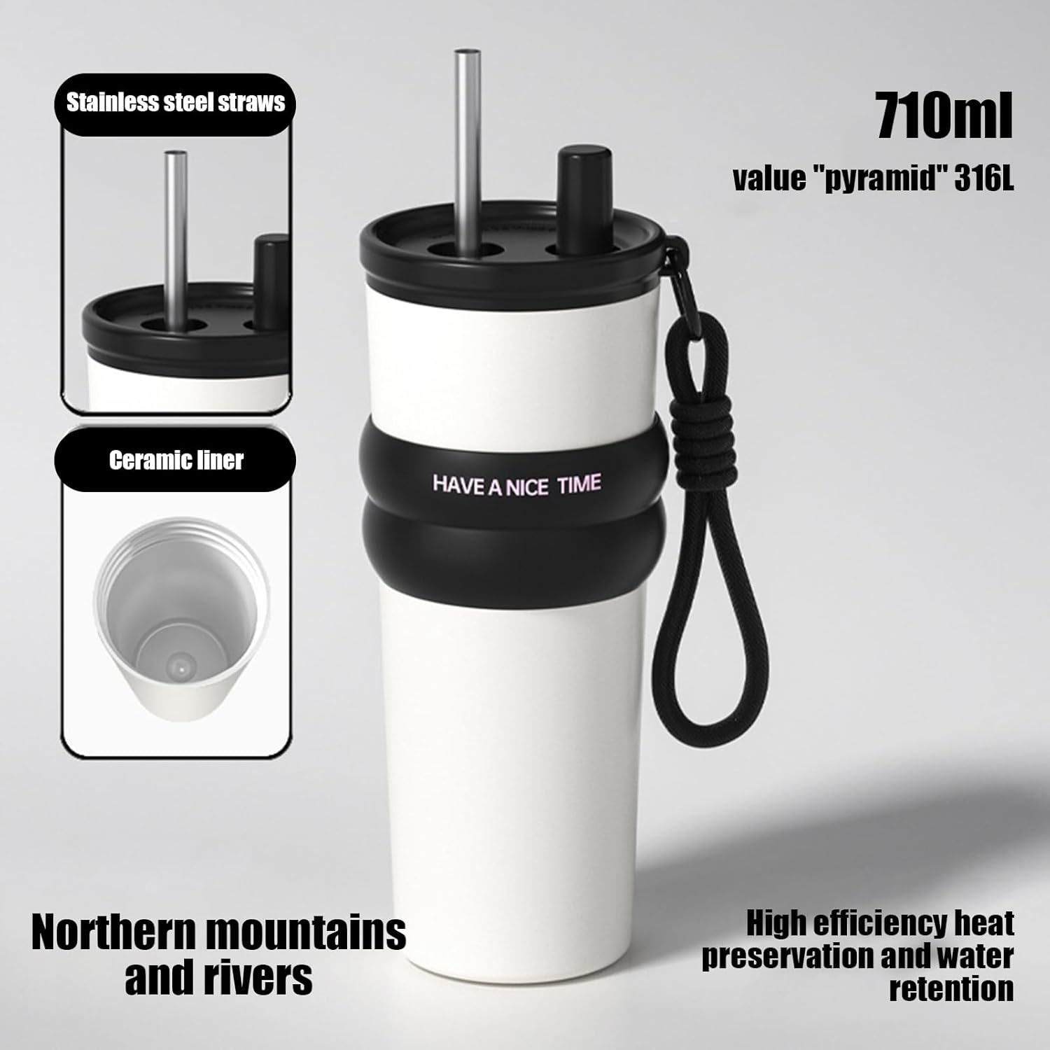 Insulated Coffee Cup with Straw,710ml