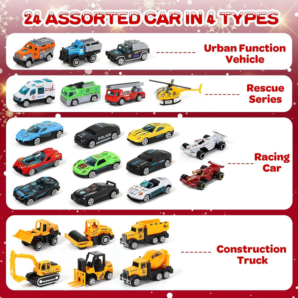 Z Advent Calendar  for Kids, 24 Days Christmas Countdown Calendar with Die-cast Cars
