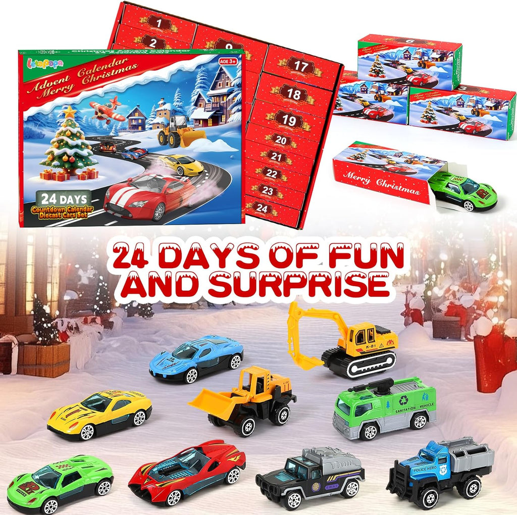 Z Advent Calendar  for Kids, 24 Days Christmas Countdown Calendar with Die-cast Cars