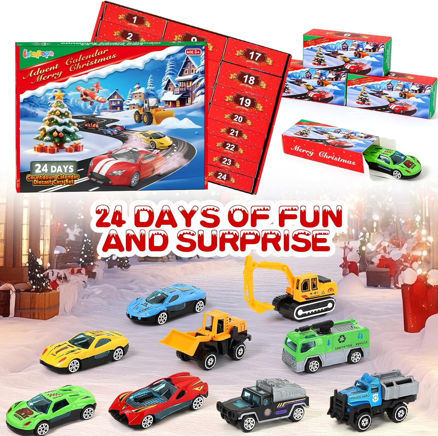 Z Advent Calendar  for Kids, 24 Days Christmas Countdown Calendar with Die-cast Cars