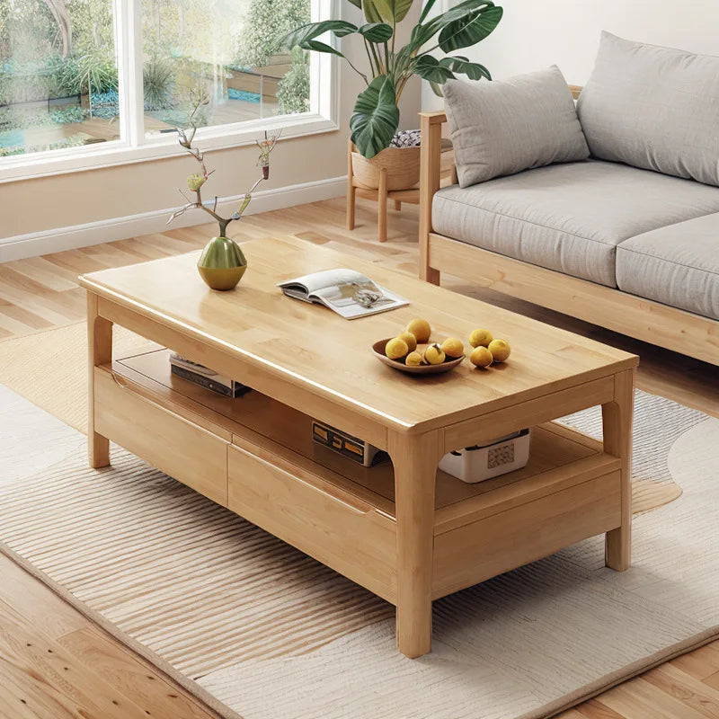 Solid Wood Coffee Table with Drawer for Household Use