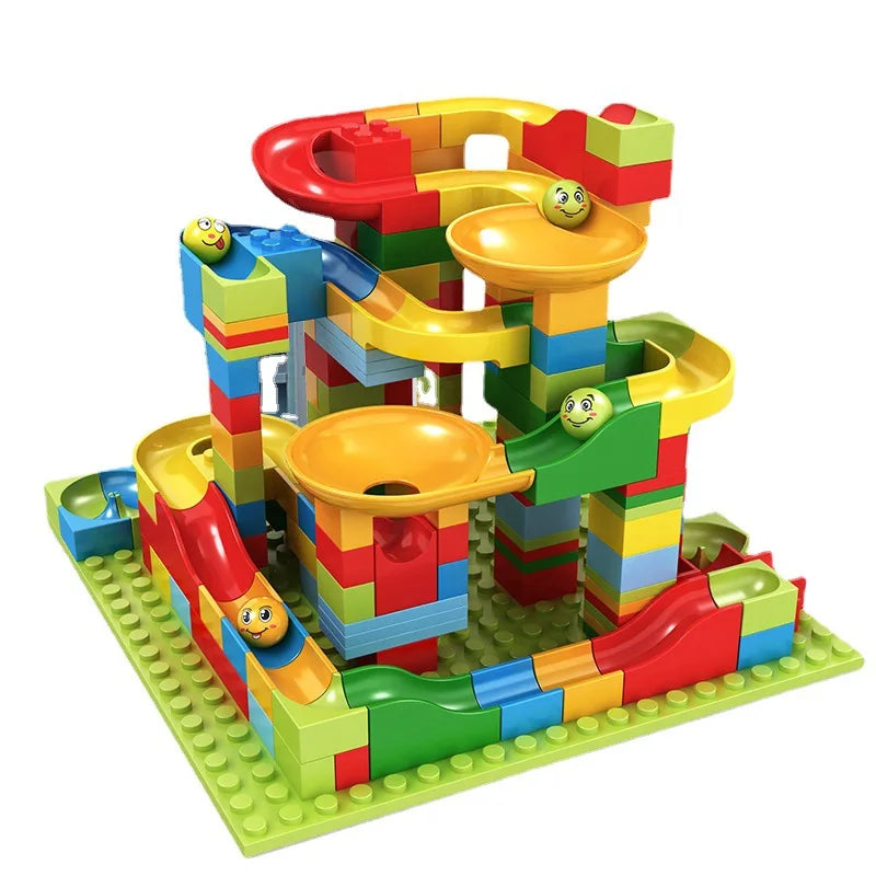 Building block set funnel slide maze ball assembly track