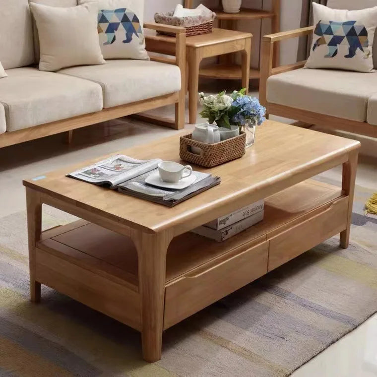 Solid Wood Coffee Table with Drawer for Household Use