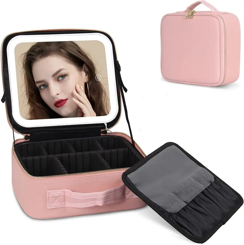 Makeup  Bag Vanity Cosmetic Box Mirror  With Three Colors Led Light