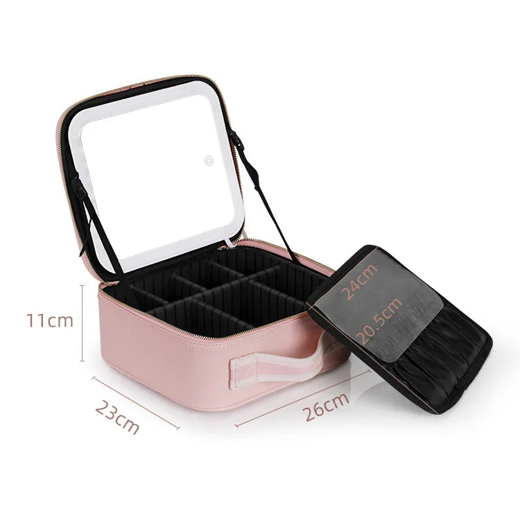 Makeup  Bag Vanity Cosmetic Box Mirror  With Three Colors Led Light