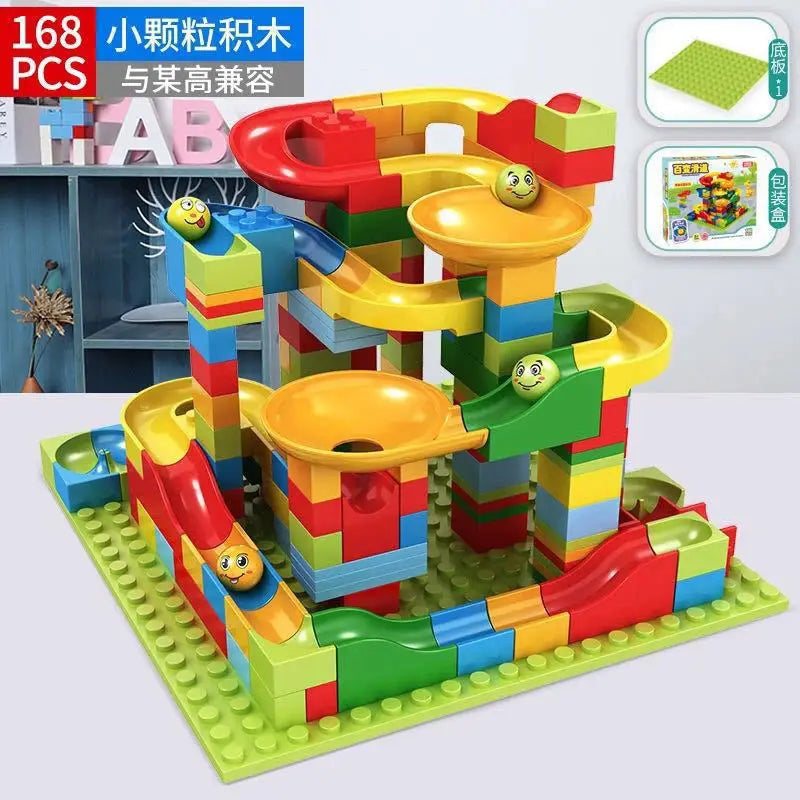 Building block set funnel slide maze ball assembly track