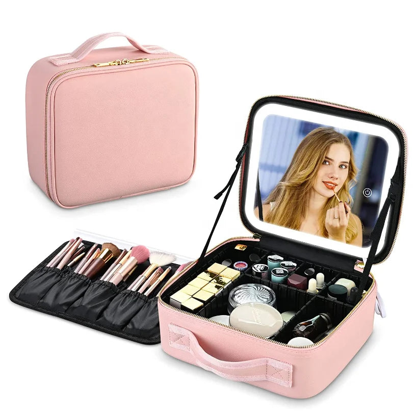 Makeup  Bag Vanity Cosmetic Box Mirror  With Three Colors Led Light