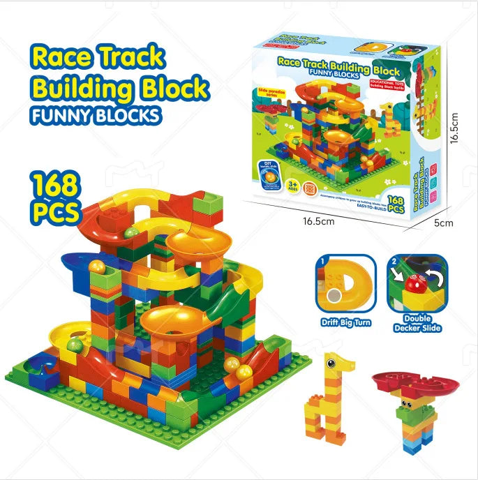Building block set funnel slide maze ball assembly track