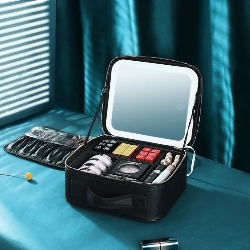 Makeup  Bag Vanity Cosmetic Box Mirror  With Three Colors Led Light