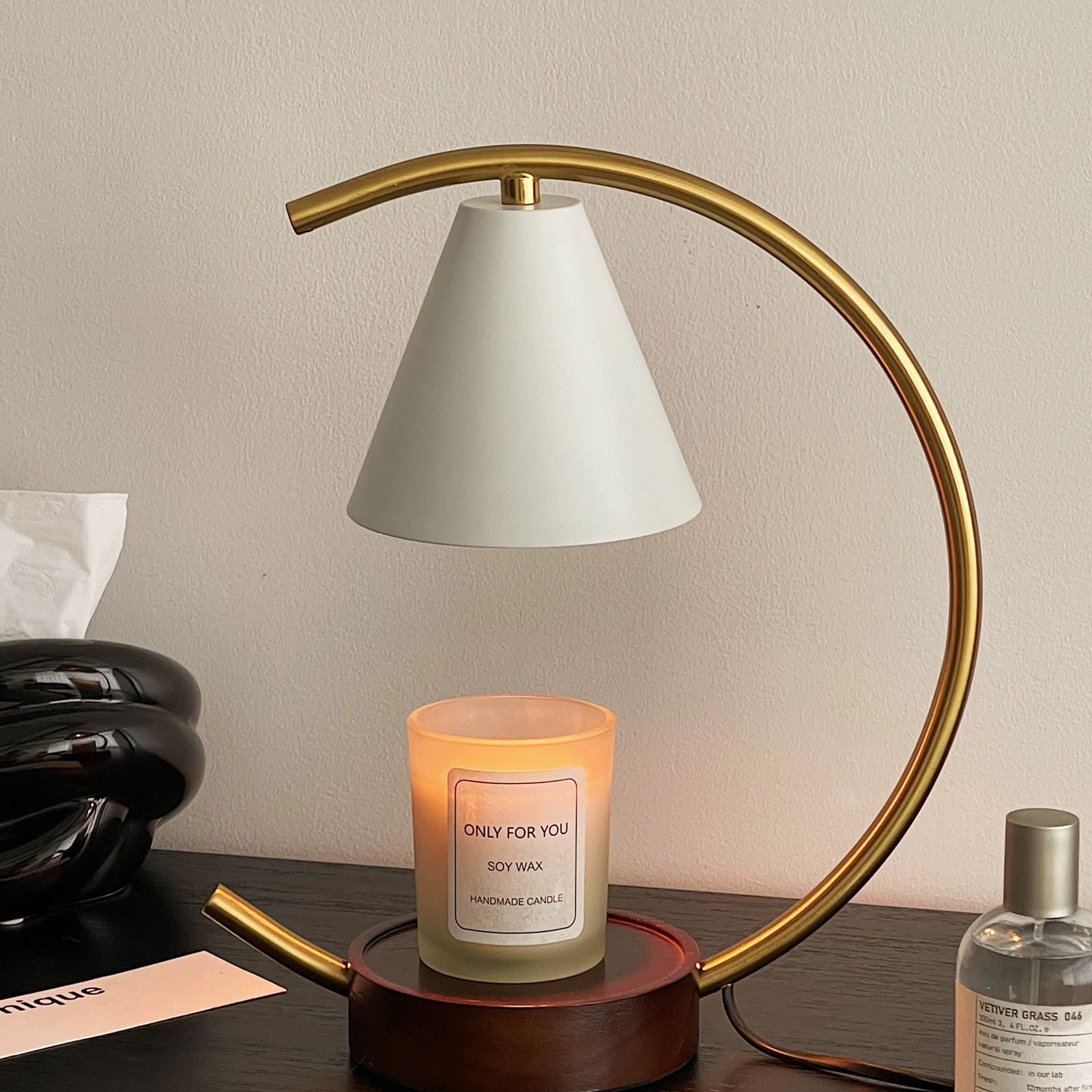 crescent walnut base (send 2 light bulbs) candle warmer lamp