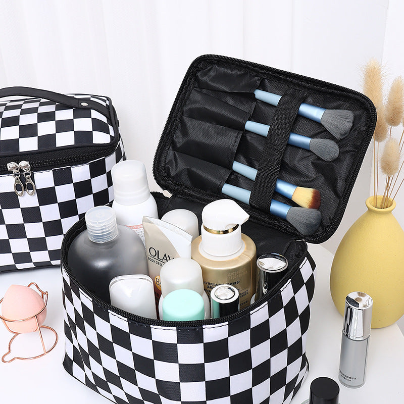Black and white checkered travel makeup bag