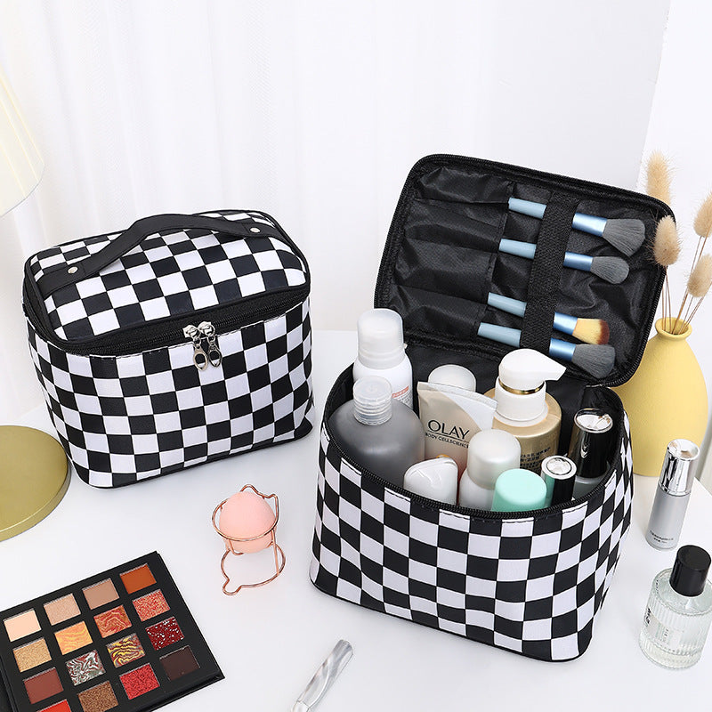 Black and white checkered travel makeup bag