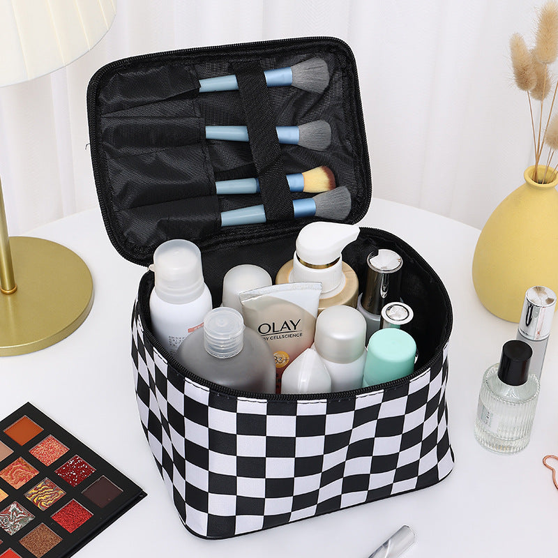 Black and white checkered travel makeup bag